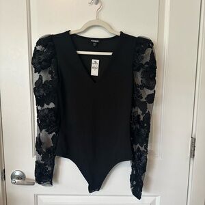 Express Black Embellished Long Sleeve Bodysuit, Women’s M